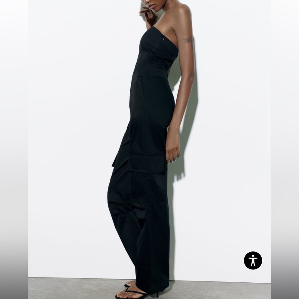Zara strapless cargo jumpsuit black size small blogger favorite - Picture 6 of 16
